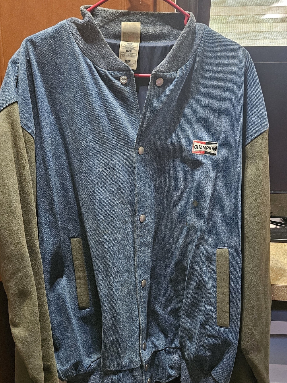 Champion Denim-Front Bomber Jacket with Olive Sleeves